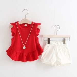 Toddlers Newborn Baby Fashion Girls Ruffle Sleeve Solid Color Top And Shorts 2pcs Set