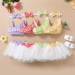 Toddlers Newborn Baby Fashion Girls Plaid Short Top And Bowknot Mesh Skirt 2pcs Set