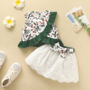 Toddlers Newborn Baby Fashion Girls Sleeveless Ruffle Flower Top And Skirt 2pcs Set