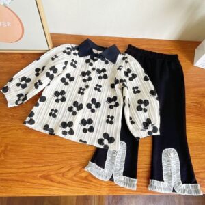 Children Kids Toddlers Fashion Girls Long Sleeve Floral Top And Lace Flared Pants 2pcs Set