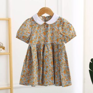 Girls Fashion Lapel Short-sleeves Floral Dress