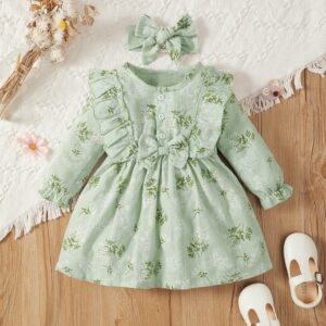 Toddlers Newborn Baby Fashion Girls Flower Print Long Sleeve Princess Dress And Headband 2pcs Set