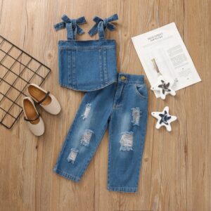 Toddlers Newborn Baby Fashion Girls Suspender Top And Ripped Jeans 2 Pcs Denim Set