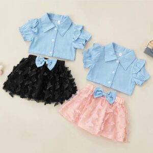 Children Kids Toddlers Fashion Girls Denim Short Sleeves Shirt And Mesh Butterfly Skirt 2pcs Set