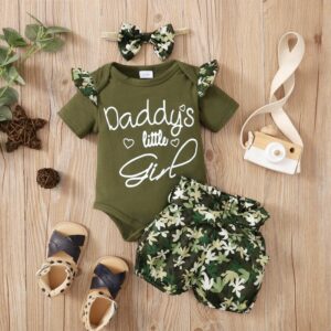 Toddlers Newborn Baby Fashion Girls Letter Print Short Sleeve Bodysuit And Camouflage Shorts Headband 3pcs Set