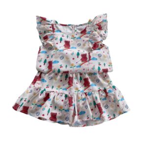 Children Kids Toddlers Girls Ruffle Sleeve Bear Print Top And Shorts 2pcs Set