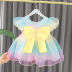 Toddlers Newborn Baby Fashion Girls Short Sleeve Bow Rainbow Color Princess Dress
