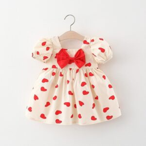 Toddlers Newborn Baby Fashion Girls Short Sleeve Heart Printed Bow Princess Dress