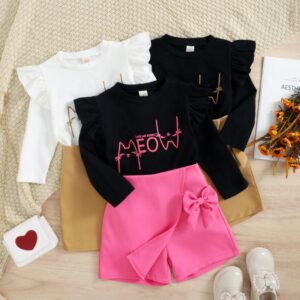 Children Kids Toddlers Girls Ruflle Sleeve Letter Print Top And Irregular Bow Knot Shorts Set