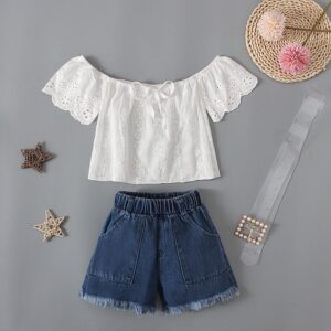 Children Kids Toddlers Girls White Mesh Off-The-Shoulder Top Denim Shorts 2pcs Set