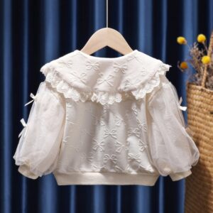 Children Kids Toddlers Girls Mesh Sleeve Sweet White T-Shirt