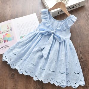 Girls Basic Solic Color Ruffled Hollow Out Flower Embroidery Sleeveless Dress