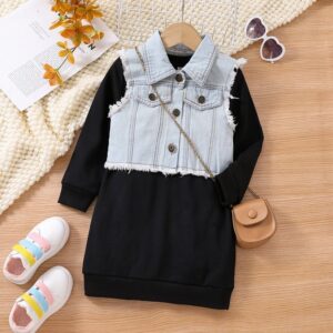 Children Kids Toddlers Girls Solid Color Long Dress And Denim Vest 2pcs Set