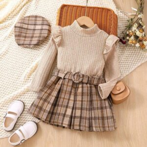 Children Kids Toddlers Girls Long-Sleeved Lace Collar Top And Plaid Pleated Skirt Set
