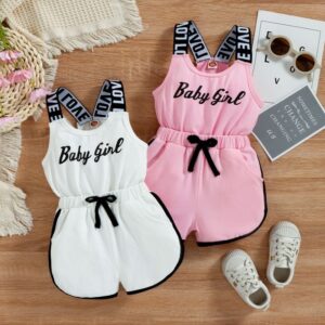 Girls Suspender Letter Waist Drawstring Rompers