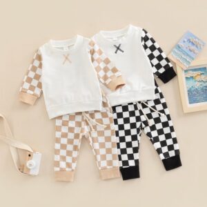 Toddlers Newborn Baby Girls Boys Long-Sleeved Checkerboard Printing Tops And Pants 2pcs Set