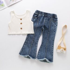Children Kids Toddlers Girls Sleeveless White Top And Denim Flared Pants 2pc Set