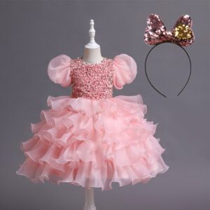 Children Kids Toddler Girls Puff Sleeve Mesh Party Dress With Sequin Headband