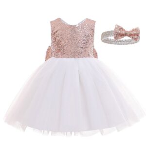 Children Kids Toddlers Girls Bow Lace Party Princess Sequin Mesh Dress And Headband