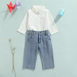 Children Kids Toddlers Girls Solid Color White Blouse And Denim Pants 2pcs Set