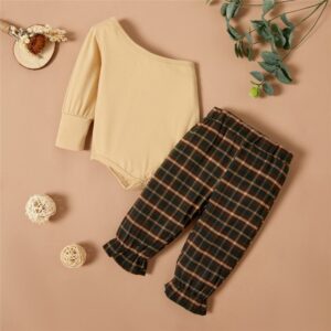 Toddler Newborn Baby Infant Girls One Shoulder Top And Plaid Print Pants 2pcs Set