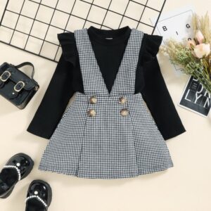 Children Kids Toddlers Girls Long-Sleeved Tops And Suspender Skirt 2pcs Set