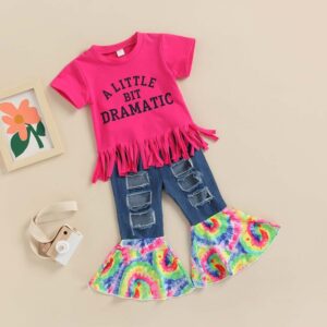 Girls Casual Tassel Round Neck Short-Sleeved T-Shirt And Hole Tie-Dye Spliced Denim Flared Pants Two-piece Set