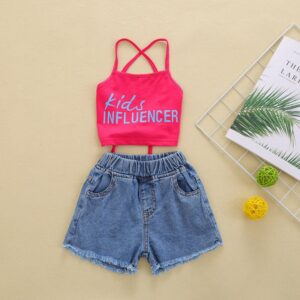 Children Kids Toddler Girls Red Letter Print Backless Lace-Up Top And Denim Shorts 2pcs Set