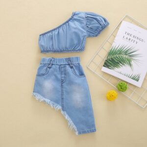 Children Kids Toddler Girls Off Shoulder Denim Top And Irregular Denim Skirt 2pcs Set