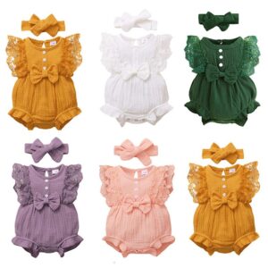 Toddler Newborn Baby Infant Girls Candy-Colored Lace Sleeves Bodysuit And Headband 2pcs Set