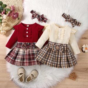 Kids Baby Girl Fashion College Open Pack Fart Dress Plaid Skirt Three-Piece Set