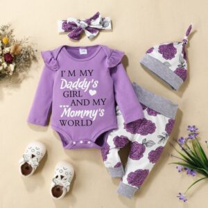 Kids Baby Girl Fashion Long Sleeve Letter Romper Floral Pants Hat Bandana Set