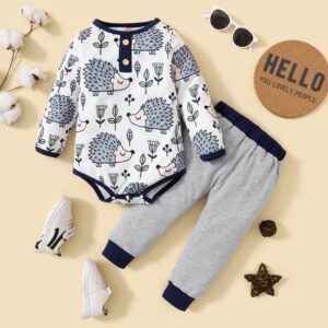 Kids Baby Girl Boy Fashion Hedgehog Set Animal Print Romper Two Piece Set