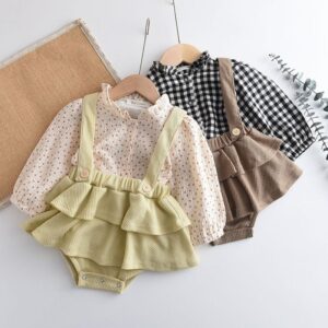 Kids Baby Girl Fashion Fall Lace Long Sleeve Shirt With Buttons Solid Color Sling Jumpsuit