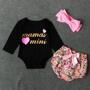 3 Pcs Set Baby Girl Letter Print Bodysuits And Floral Print Short With Headband