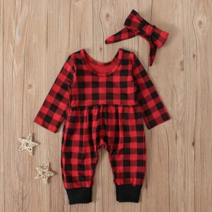 Fashion Girls Plaid Pattern Long Sleeve Jumpsuit With Headband Set