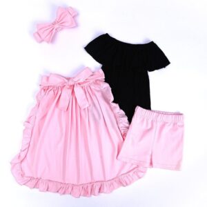 4 Pcs Cute Girl Off-shoulder Tops And Pink Shorts Skirts With Headband