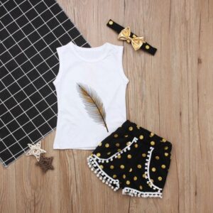 3 Pcs Casual Girl Kid Set White VestsAnd Shorts With Headband