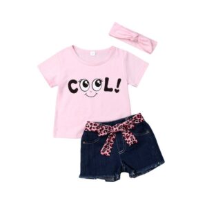 3pcs Cool Print Summer Short Sleeve T-Shirt And Denim Shorts With Pink Headband