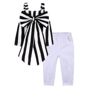 2 Pcs Set Girl Black Bowknot Design Tops And White Pants