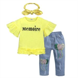 3 Pcs Fashion Girl Ruffle Sleeves Yellow T-Shirts And Denim Jeans With Headband Set