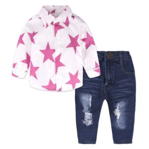 2 Pcs Casual Girl Star Blouses And Denim Pants Set