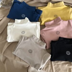 Girls Smiling Face Printed Mock Neck T-Shirt