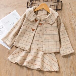 Girls Lapel Plaid Heart Pattern Coat And Flounced Dress Two-piece Set