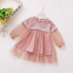 Girls Fashion Long-sleeves Mesh Design Dress