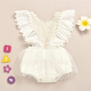 Girls Solid Color Lace Design Mesh Decoration Romper