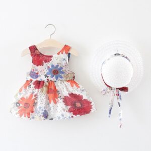 Girls Sleeveless Flower Pattern Dress With Hat
