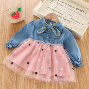 Girls Cute Long-sleeves Bowknot Decor Star Pattern Mesh Dress