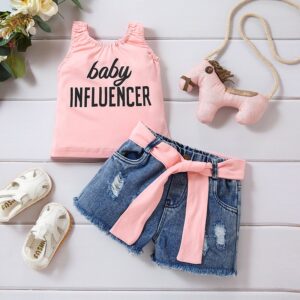 Kids Baby Girl Fashion Sweet Lettering Pink Tank Top + Denim Ripped Shorts Two-Piece Set