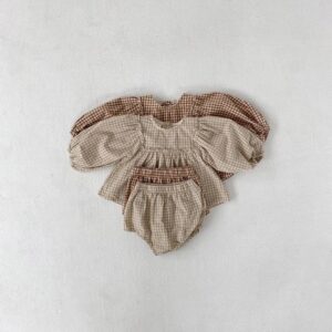 Baby Girls Little Plaid Infant Puff Sleeve Blouse And Bloomer 2 Pcs Set